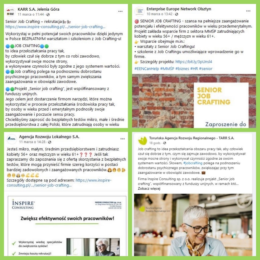 Posty na portalu Facebook dotyczące projektu Senior Job Crafting